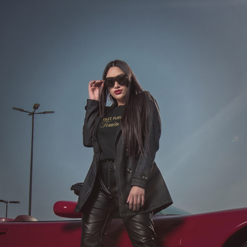 Fast Fueled Tee — MotorCreed women's car enthusiast t-shirt, worn (Black)