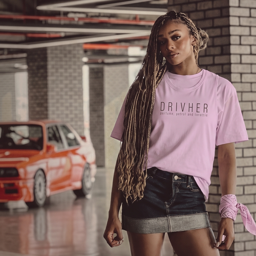 DrivHer Tee — MotorCreed women's car enthusiast t-shirt, Orchid, worn