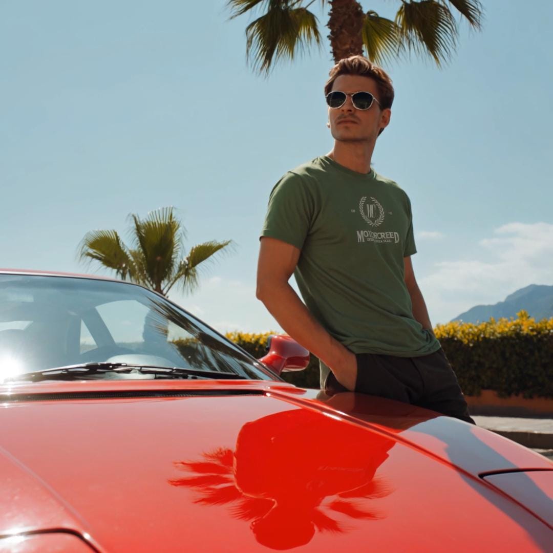 Car Enthusiast T-Shirt Men, MotorCreed Crest Tee, Speed With A Soul Logo, Petrolhead Apparel, Vintage Car Birthday Gift For Boyfriend