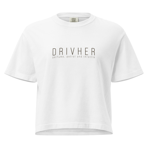 DrivHer Tee — MotorCreed women's car enthusiast t-shirt, White
