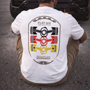 Flat-Six Society Tee — MotorCreed car enthusiast t-shirt, White, worn crouching beside a car