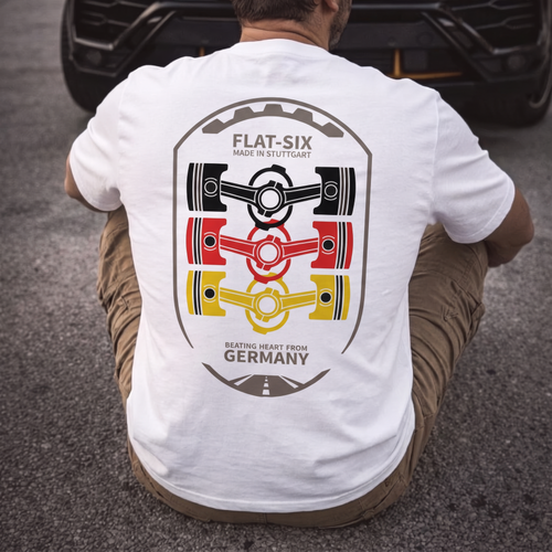 Flat-Six Society Tee — MotorCreed car enthusiast t-shirt, White, worn crouching beside a car