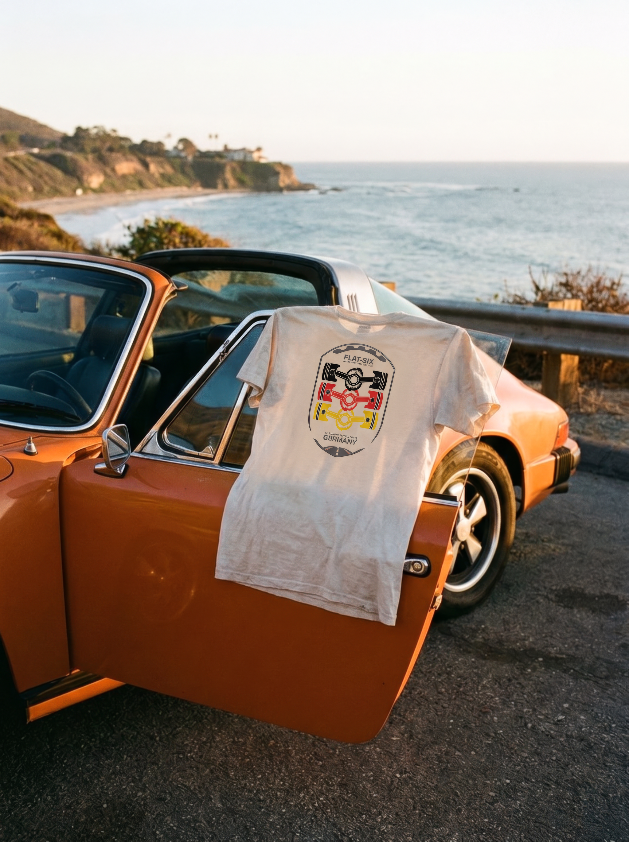Flat-Six Society Tee — MotorCreed car enthusiast t-shirt laid on an orange sports car by the sea