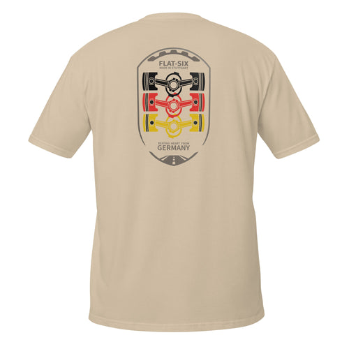 Flat-Six Society Tee — MotorCreed car enthusiast t-shirt, back print, Sand