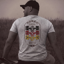 Flat-Six Society Tee — MotorCreed car enthusiast t-shirt, back print, Sport Grey, worn in a field