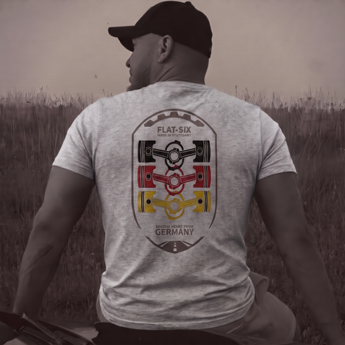 Flat-Six Society Tee — MotorCreed car enthusiast t-shirt, back print, Sport Grey, worn in a field