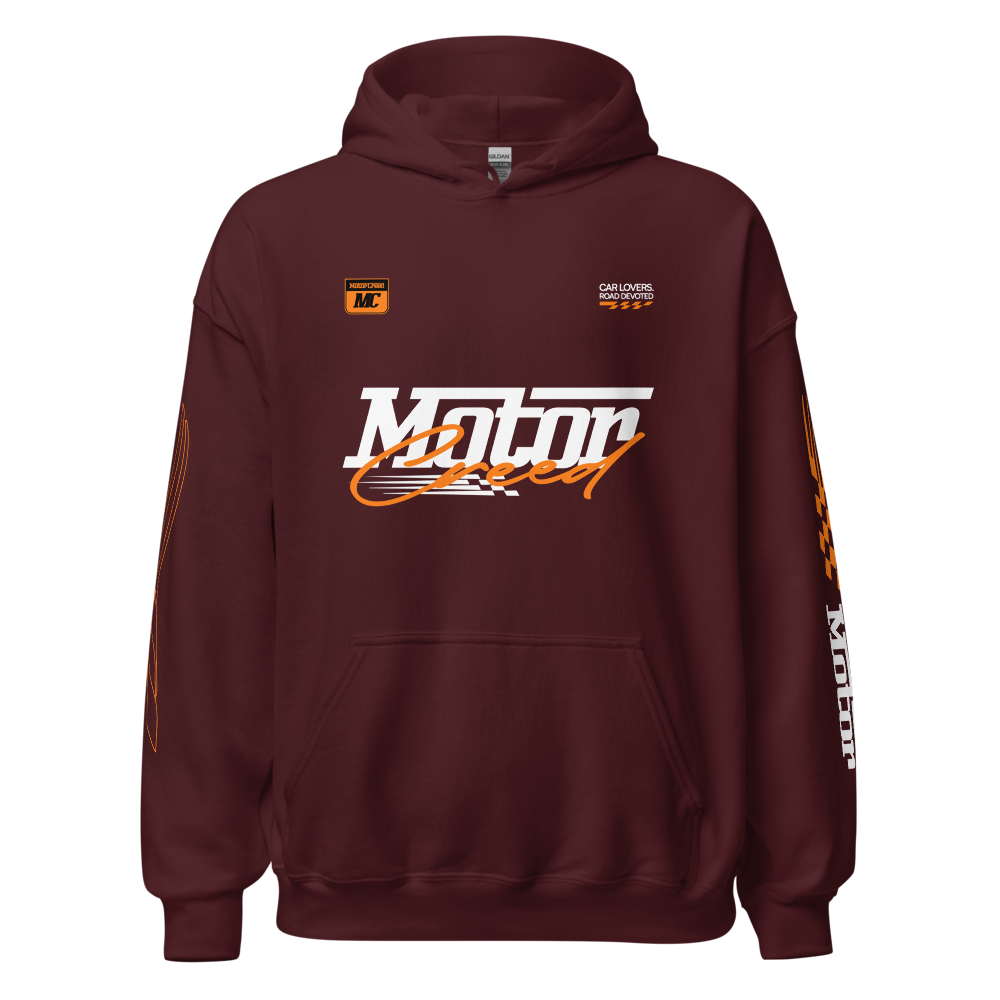Racing Team Hoodie — MotorCreed car enthusiast hoodie, Maroon