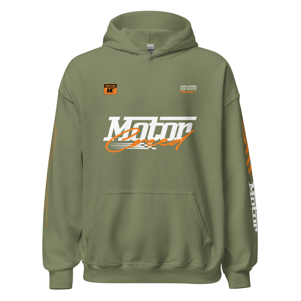 Racing Team Hoodie — MotorCreed car enthusiast hoodie, Military Green