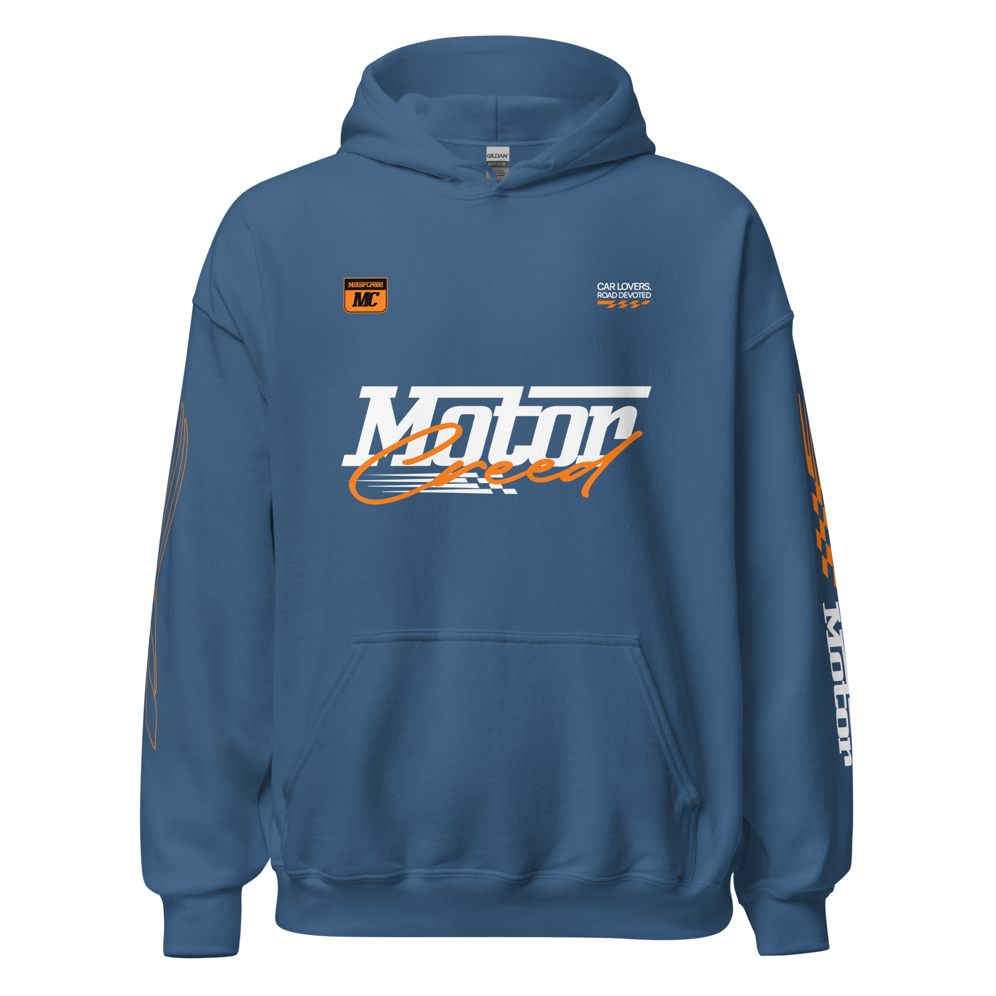 Racing Team Hoodie — MotorCreed car enthusiast hoodie, Indigo Blue