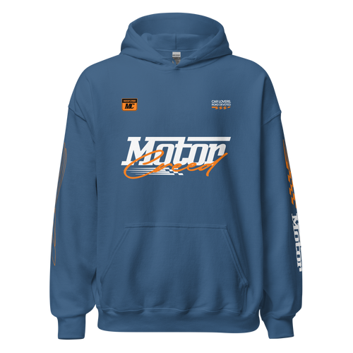 Racing Team Hoodie — MotorCreed car enthusiast hoodie, Indigo Blue