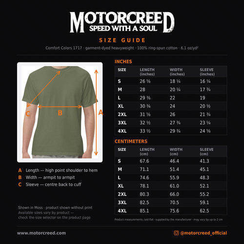 MotorCreed Crest Tee size guide — Comfort Colors 1717 measurements in inches and cm