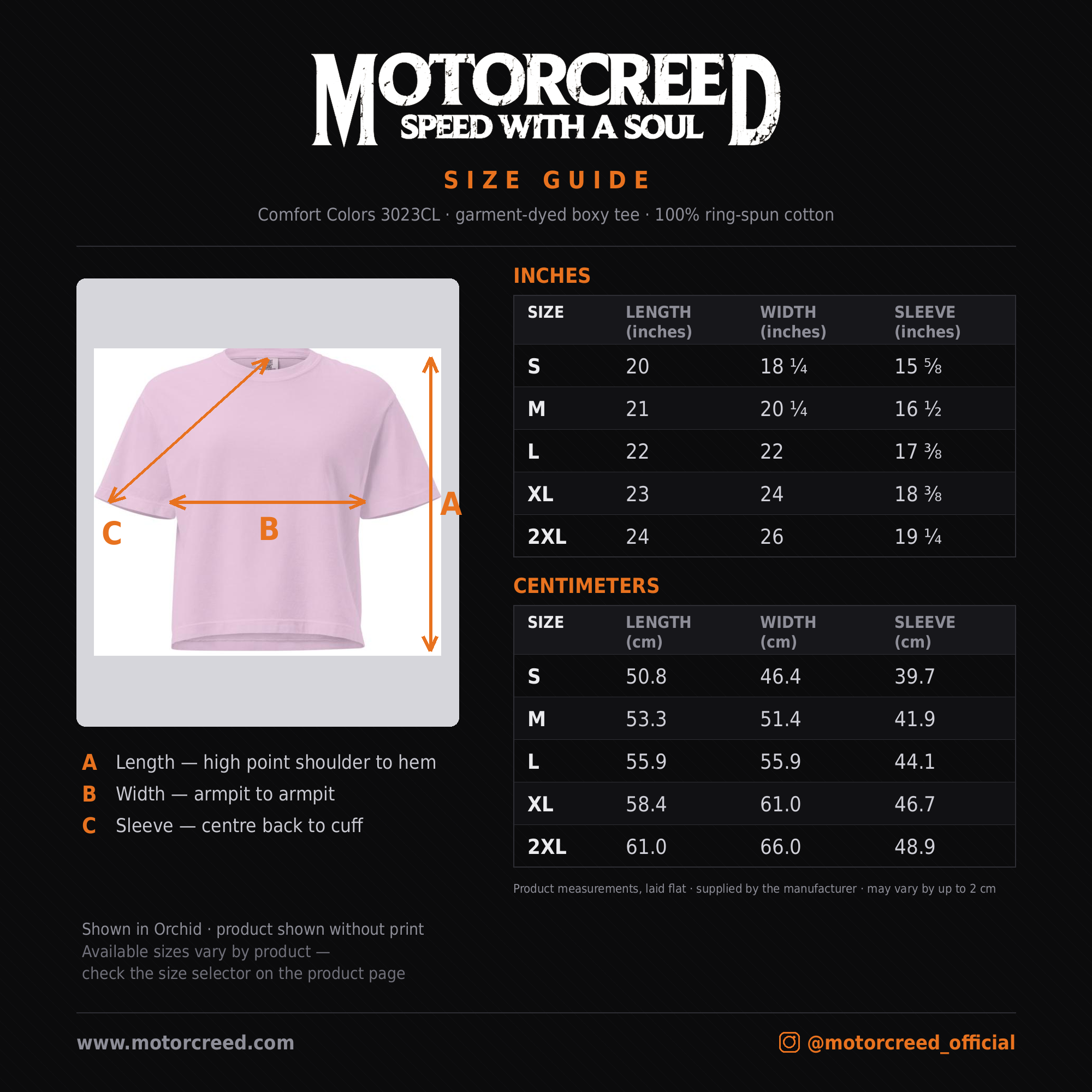 DrivHer Tee size guide — Comfort Colors 3023CL measurements in inches and cm