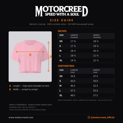 Speed With A Soul Crop Top size guide — measurements in inches and cm
