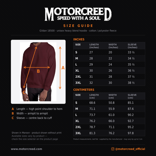 Racing Team Hoodie size guide — Gildan 18500 measurements in inches and cm