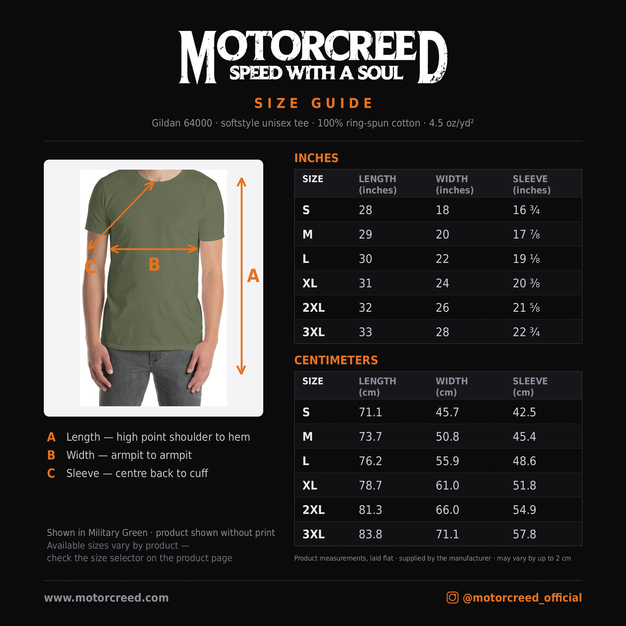 Flat-Six Society Tee size guide — Gildan 64000 measurements in inches and cm