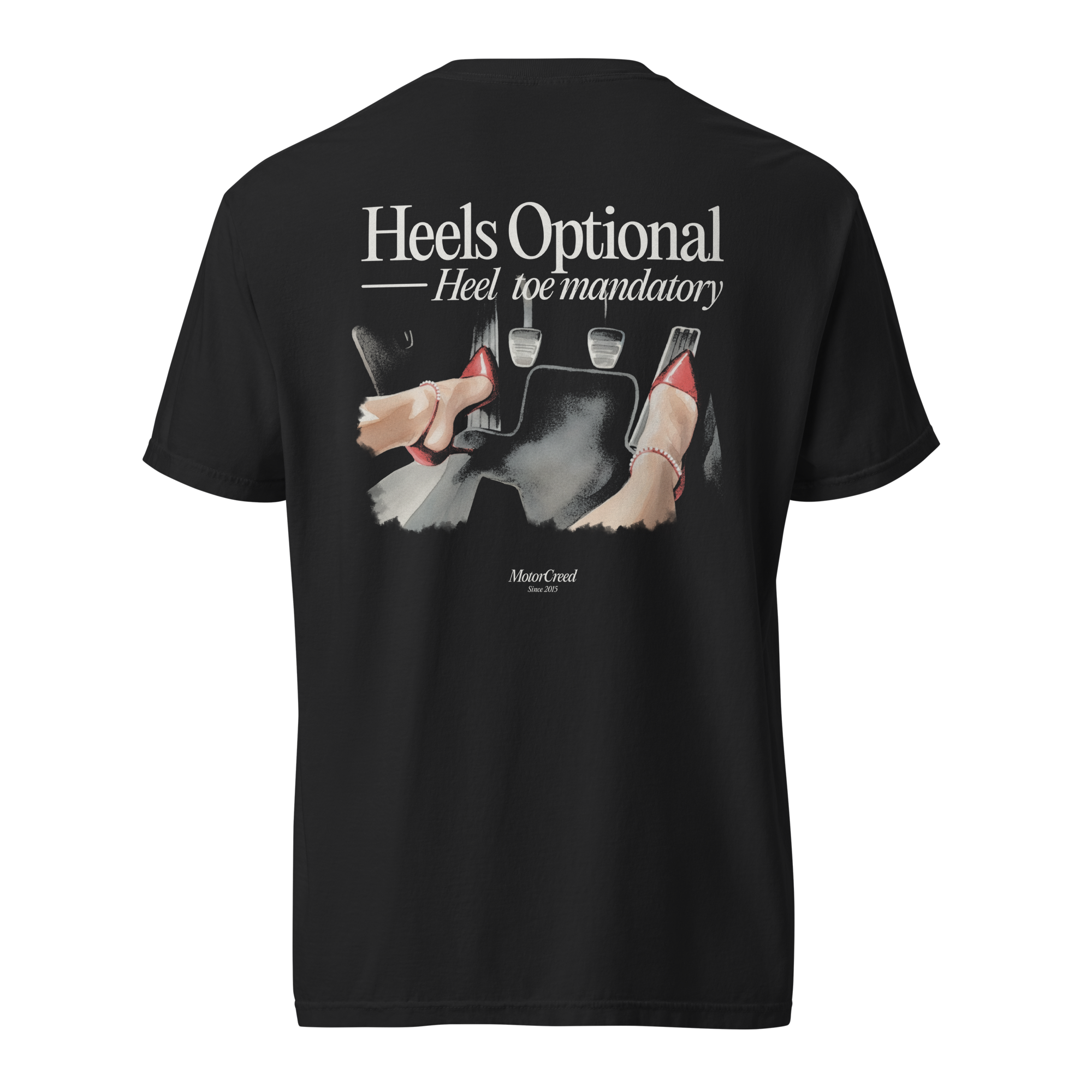 Heels Optional Tee — MotorCreed women's car enthusiast t-shirt, back print, Black