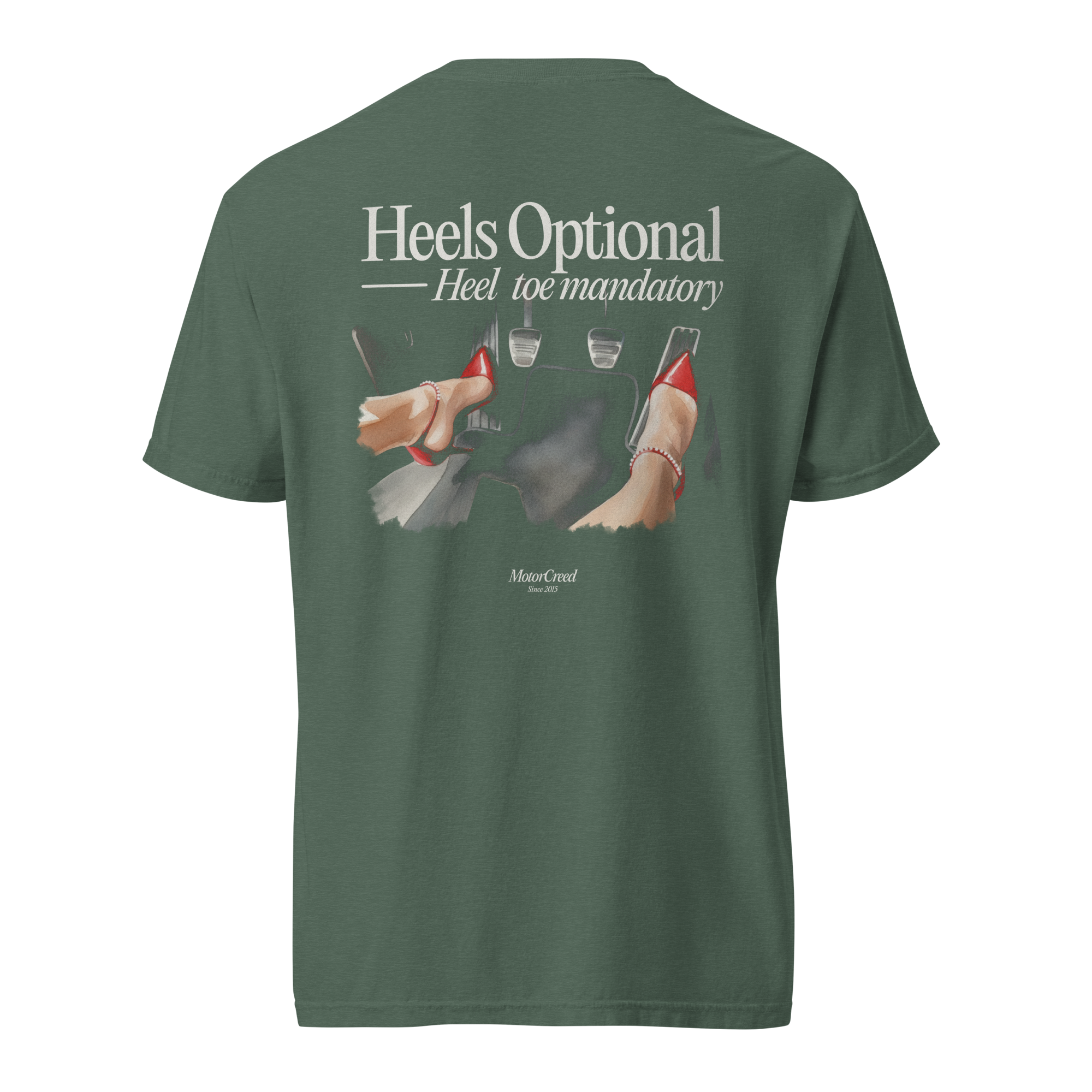 Heels Optional Tee — MotorCreed women's car enthusiast t-shirt, back print, Blue Spruce