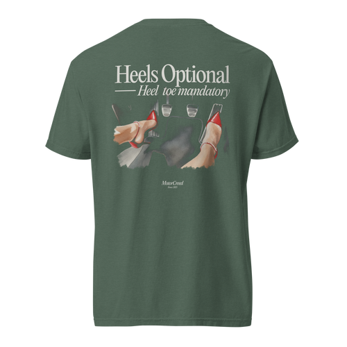 Heels Optional Tee — MotorCreed women's car enthusiast t-shirt, back print, Blue Spruce
