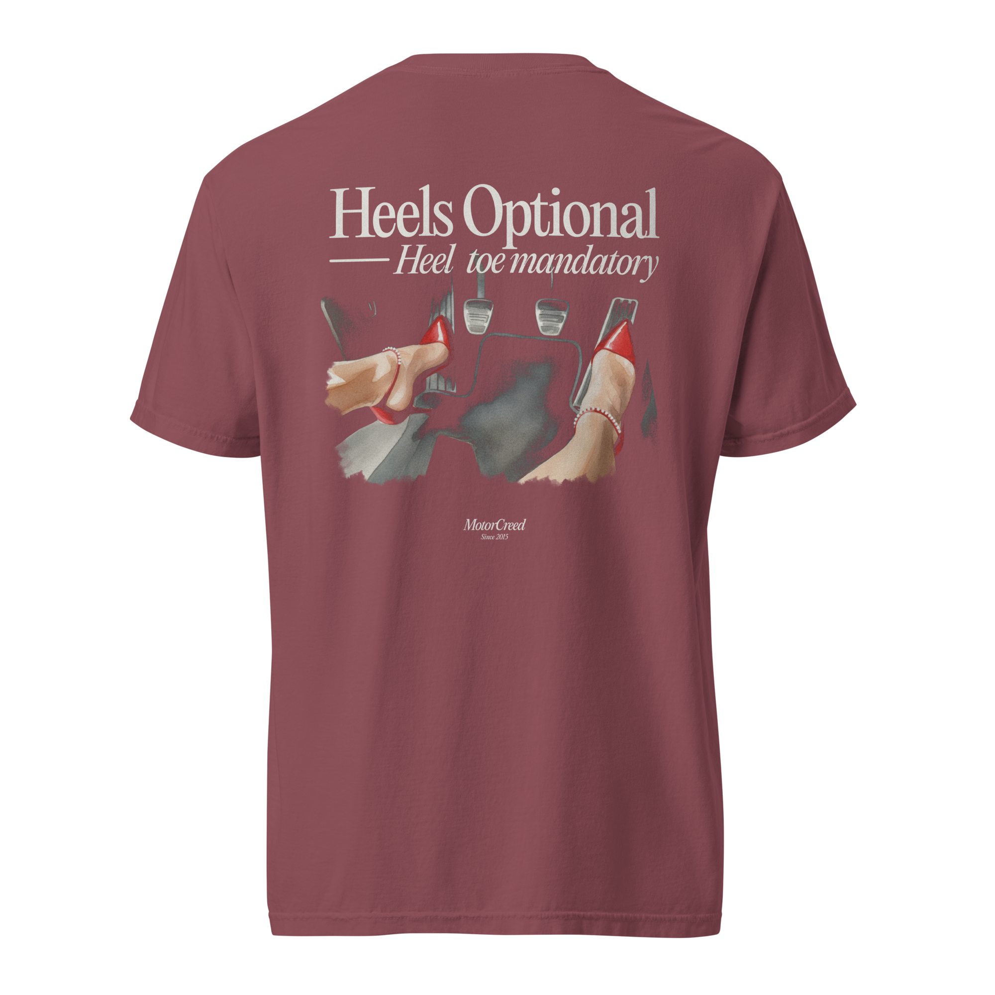 Heels Optional Tee — MotorCreed women's car enthusiast t-shirt, back print, Brick