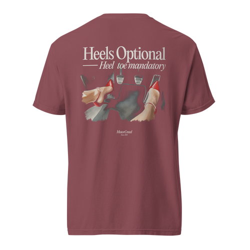 Heels Optional Tee — MotorCreed women's car enthusiast t-shirt, back print, Brick