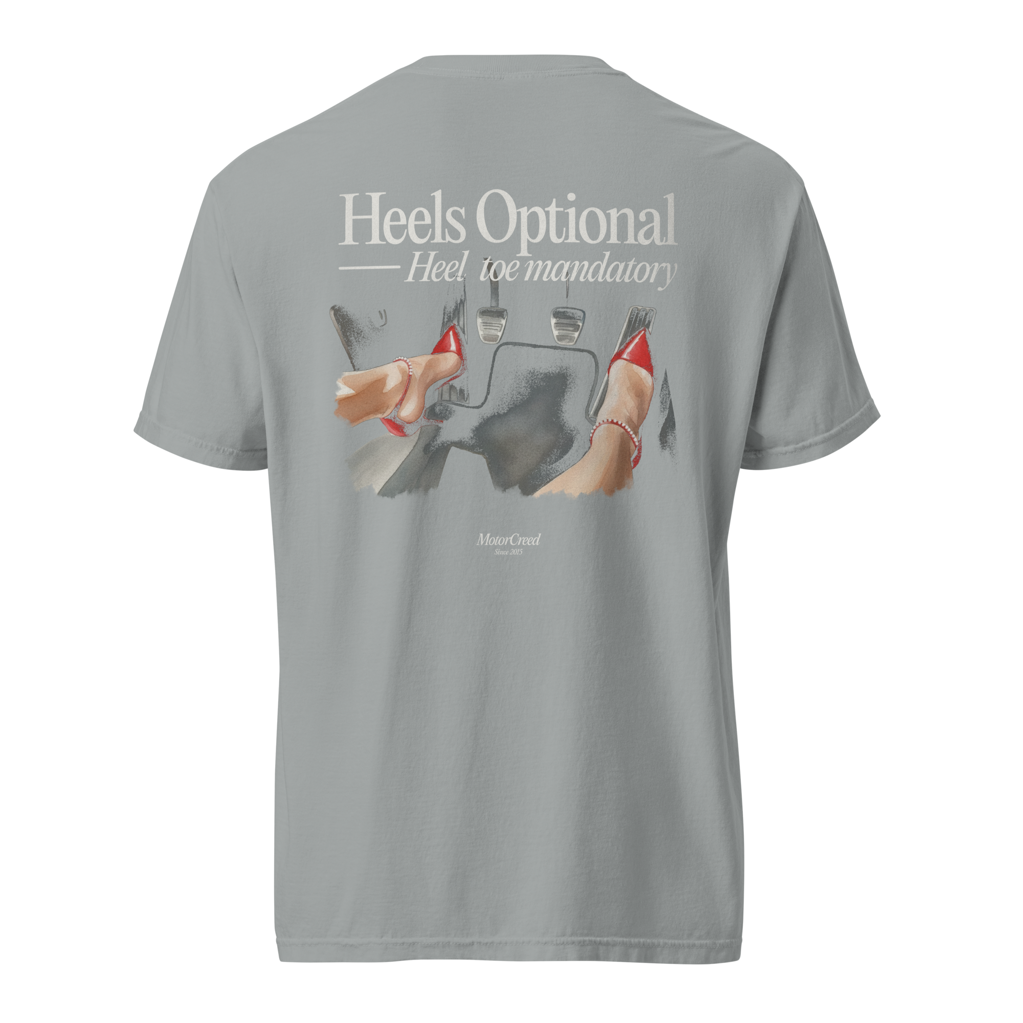 Heels Optional Tee — MotorCreed women's car enthusiast t-shirt, back print, Granite