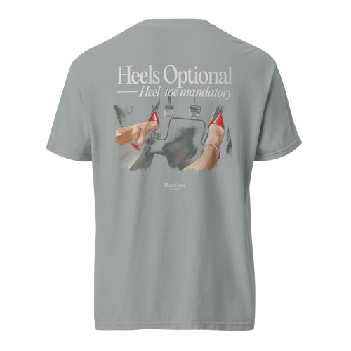 Heels Optional Tee — MotorCreed women's car enthusiast t-shirt, back print, Granite