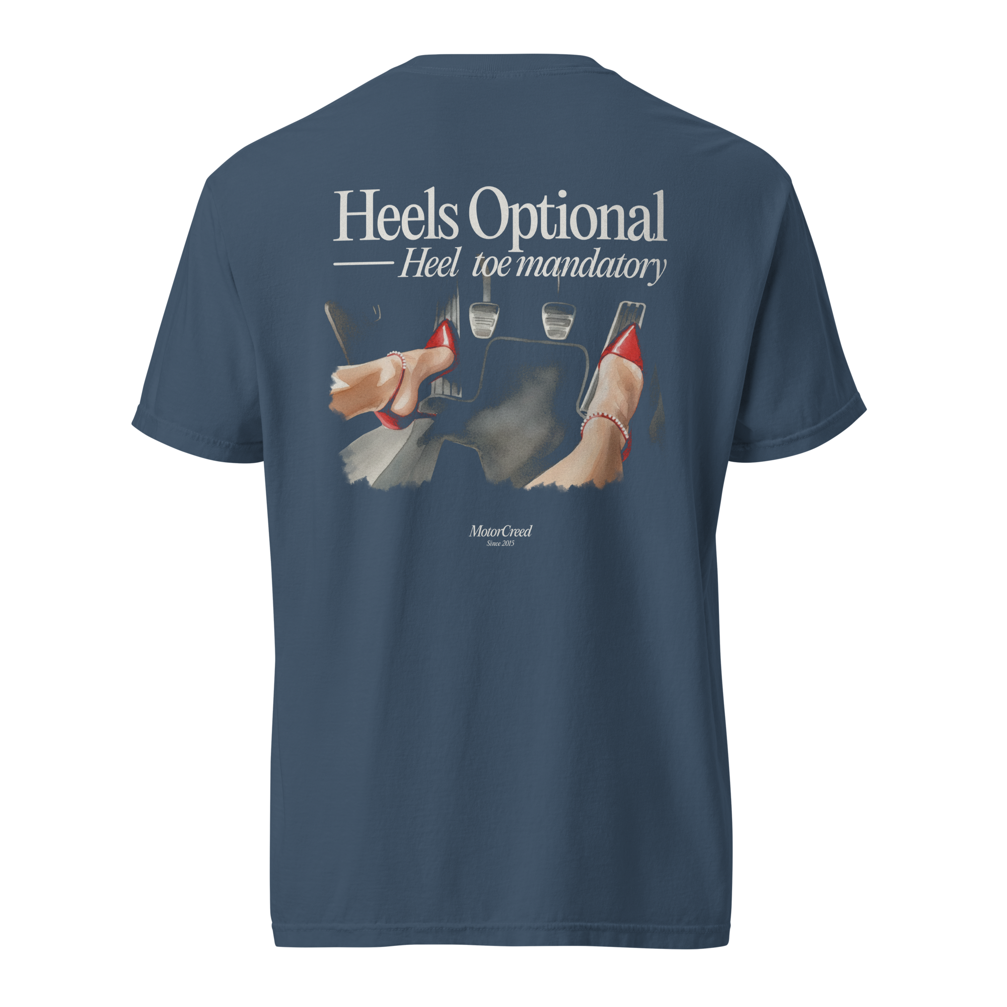 Heels Optional Tee — MotorCreed women's car enthusiast t-shirt, back print, Midnight