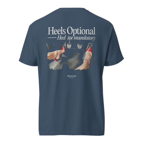 Heels Optional Tee — MotorCreed women's car enthusiast t-shirt, back print, Midnight