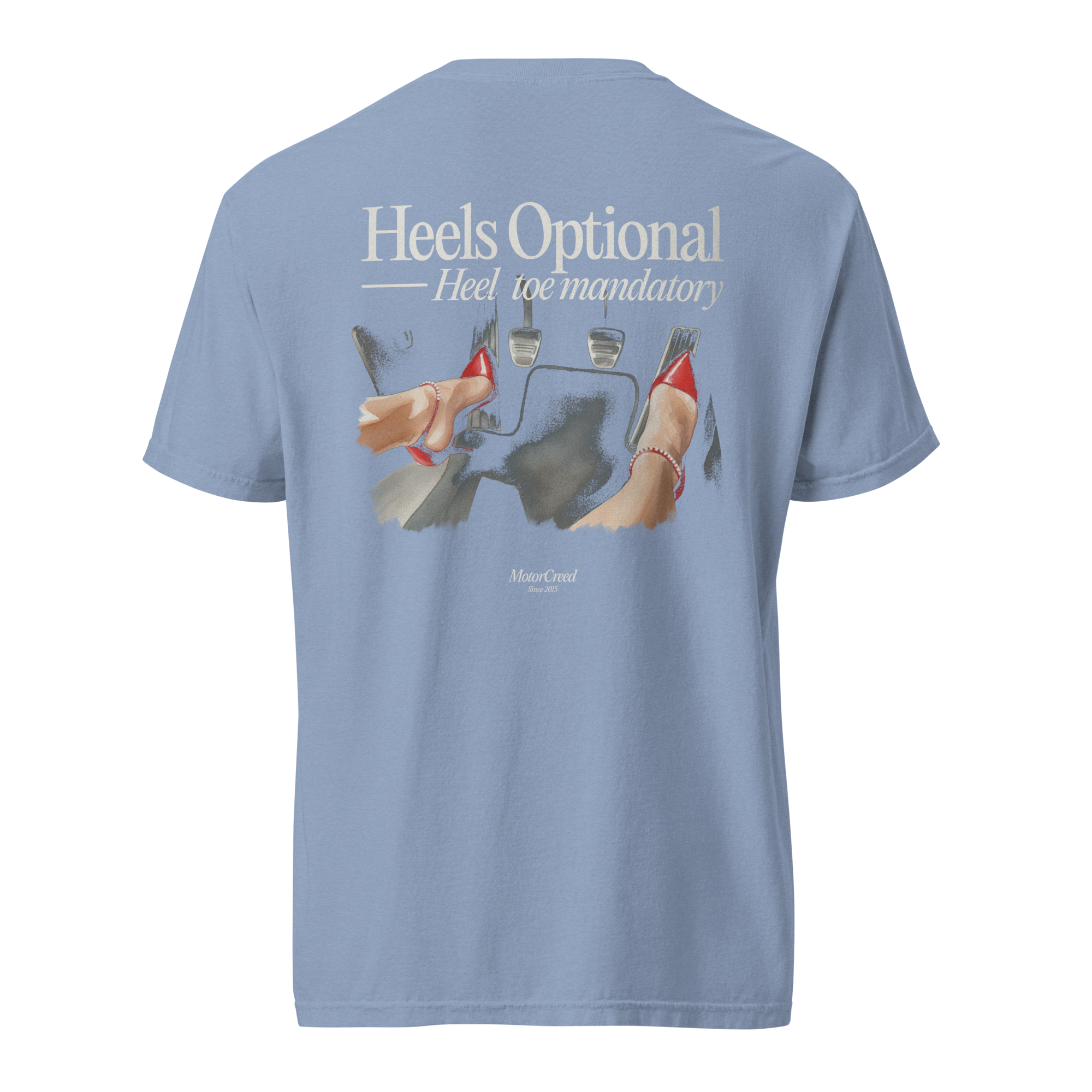 Heels Optional Tee — MotorCreed women's car enthusiast t-shirt, back print, Washed Denim