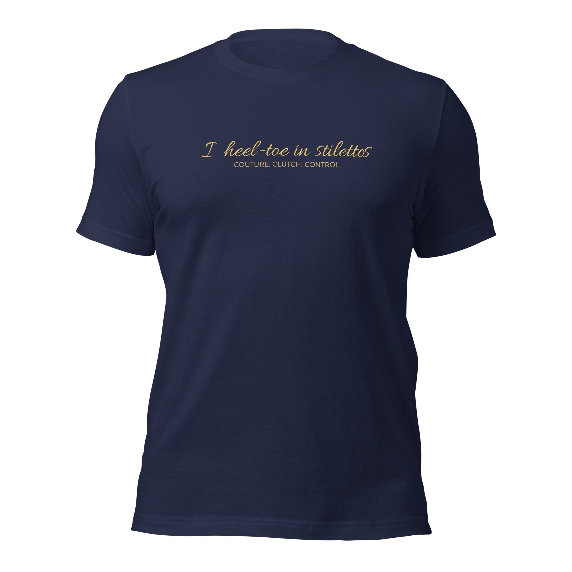 Heel-Toe in Stilettos Tee — MotorCreed women's car enthusiast t-shirt, Navy