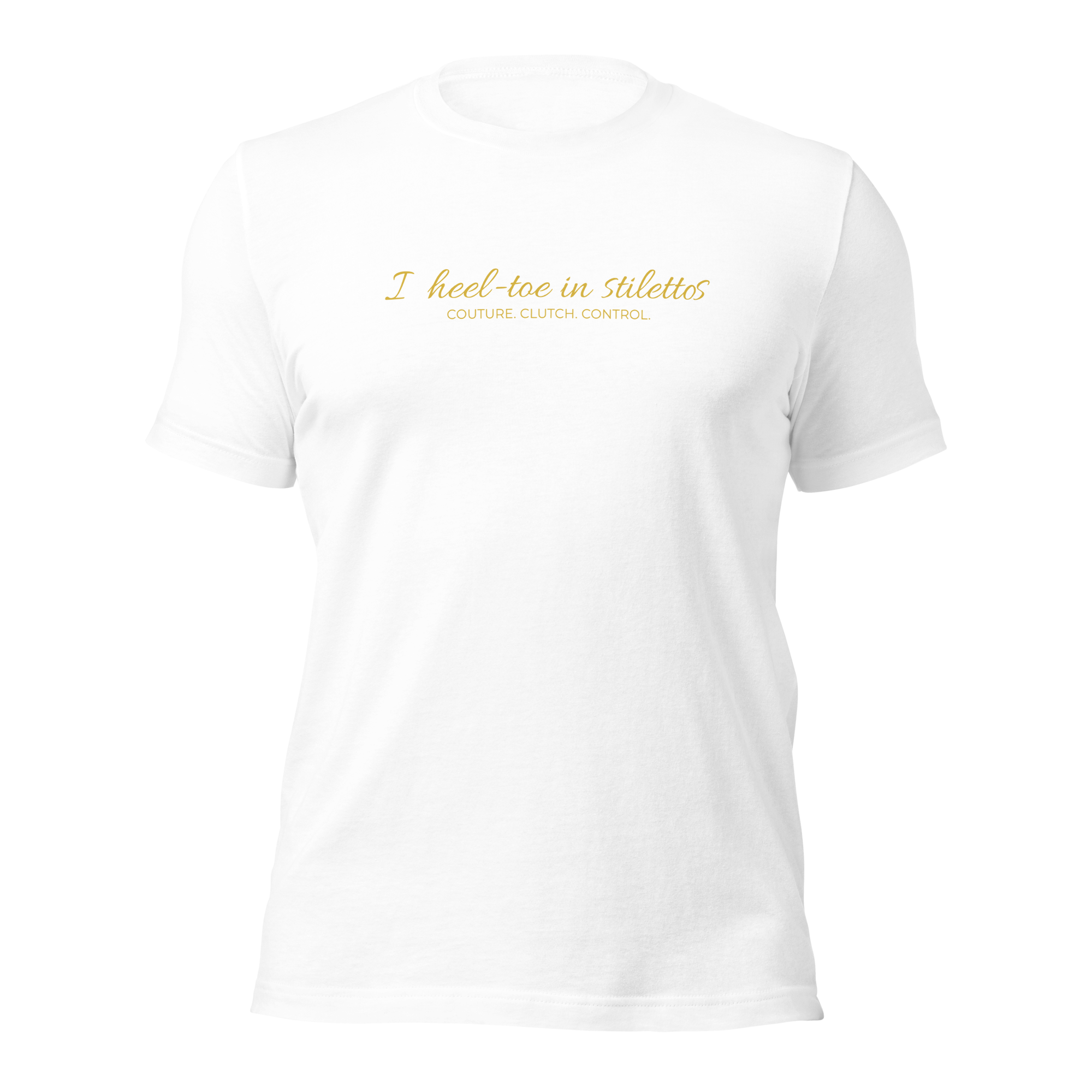 Heel-Toe in Stilettos Tee — MotorCreed women's car enthusiast t-shirt, White